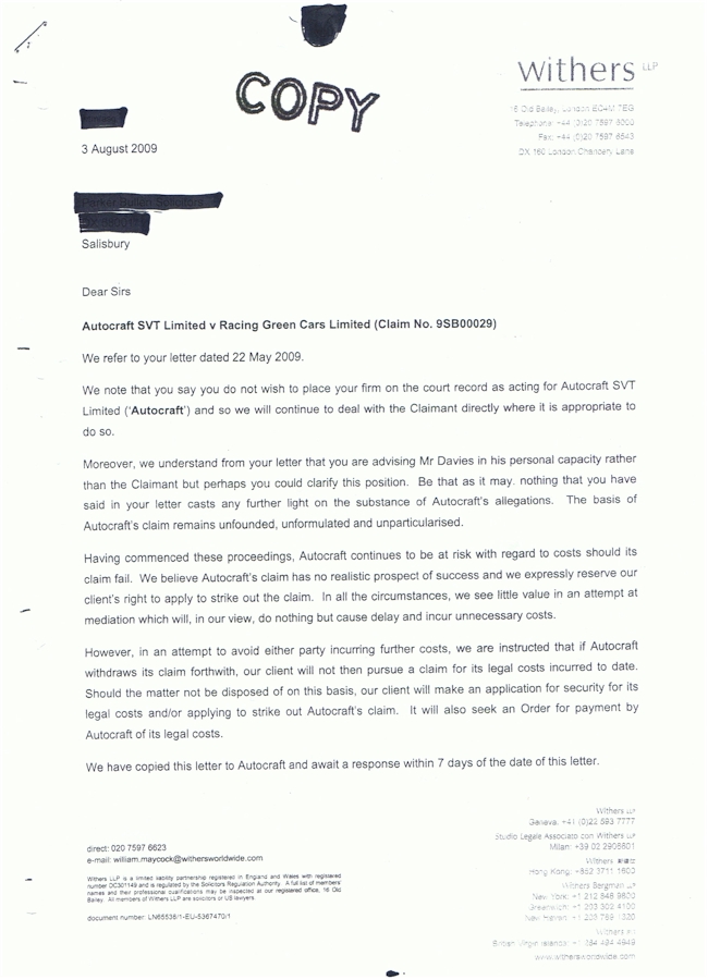 Withers LLP letter to Autocraft SVT